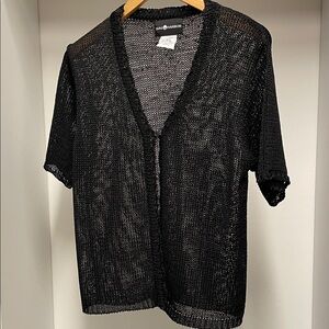 Sag Harbor Black Open Weave Cardigan Single Button Closure Scallop Knit Trim